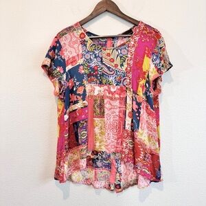 Boho Patchwork Floral Crinkle Top Button Back Blouse – JNY Jones New York 1X